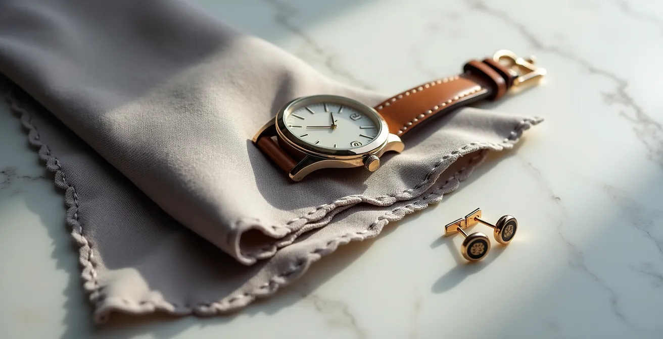 Composition d'accessoires élégants sur surface marbrée pour transformer une tenue professionnelle