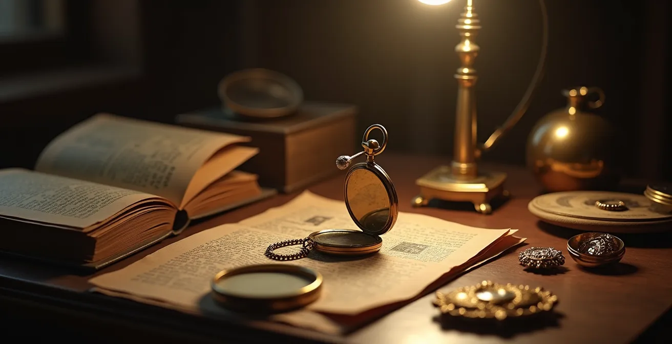 Vue minimaliste d'un bureau d'expert avec loupe de joaillier examinant des poinçons sur un bijou ancien