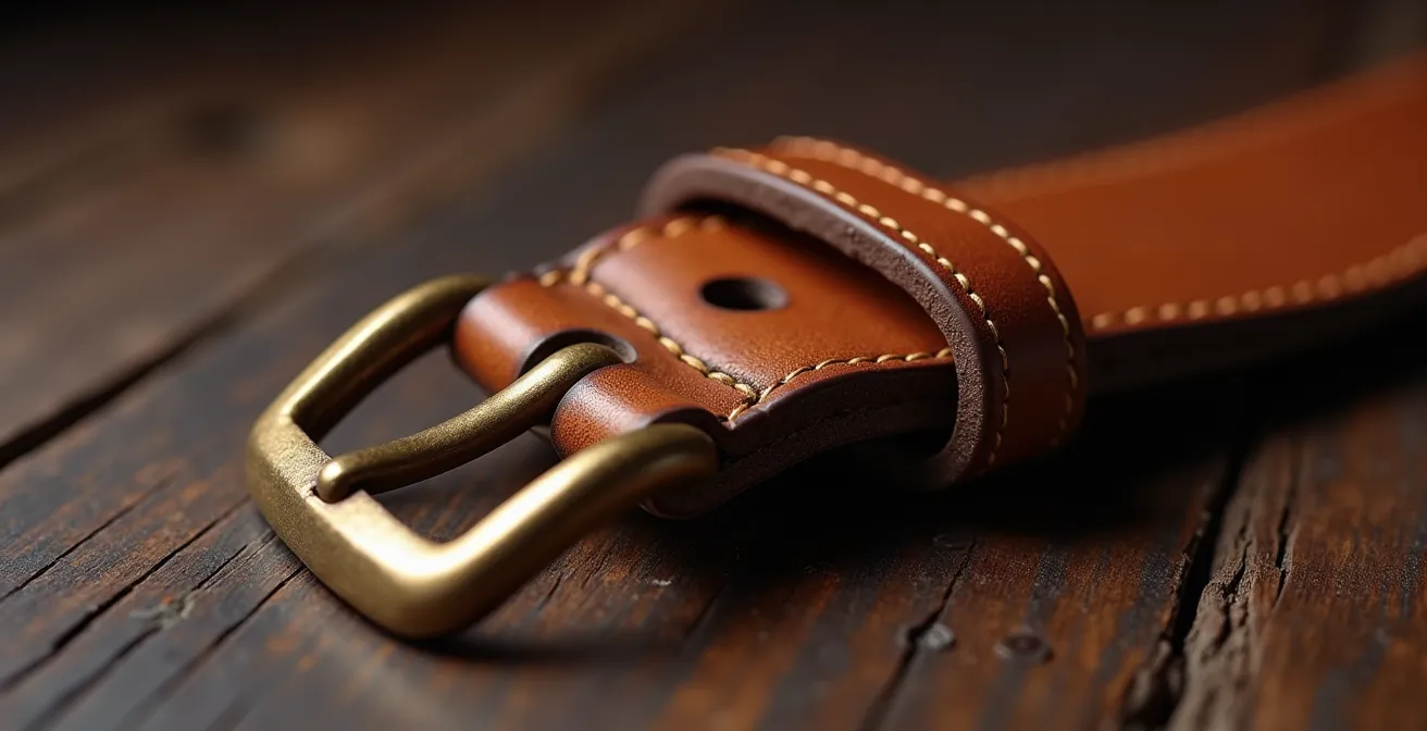 Ceinture en cuir fermée au troisième trou montrant l'équilibre parfait de la longueur