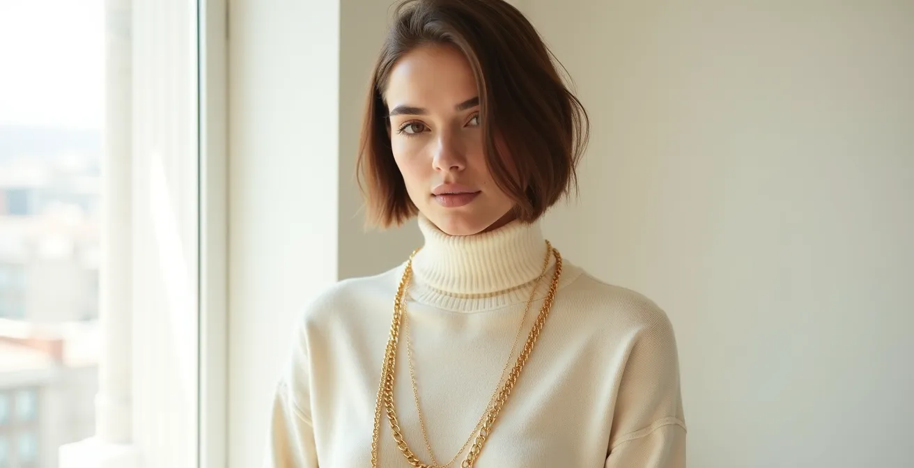 Femme portant un col roulé avec un collier long par-dessus dans un style épuré