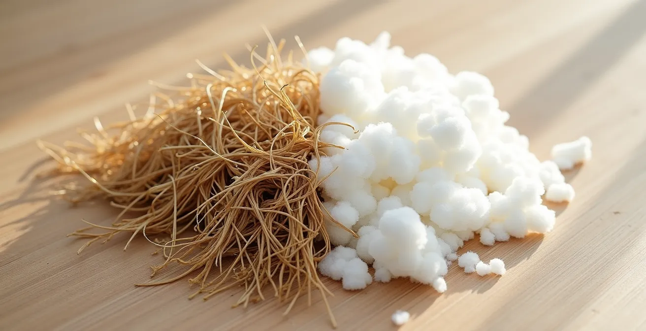 Comparaison visuelle entre les fibres de chanvre et de coton montrant leur structure et résistance différentes