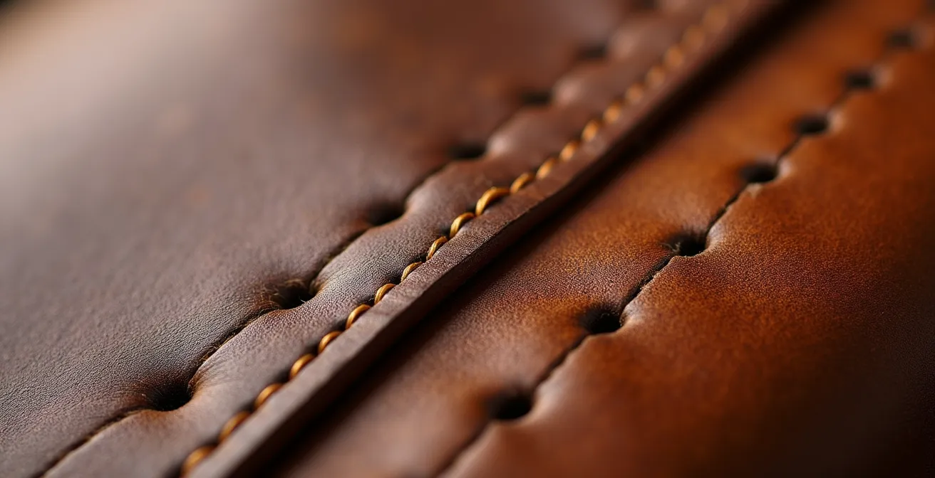 Comparaison macro entre point sellier incliné et point machine droit sur cuir