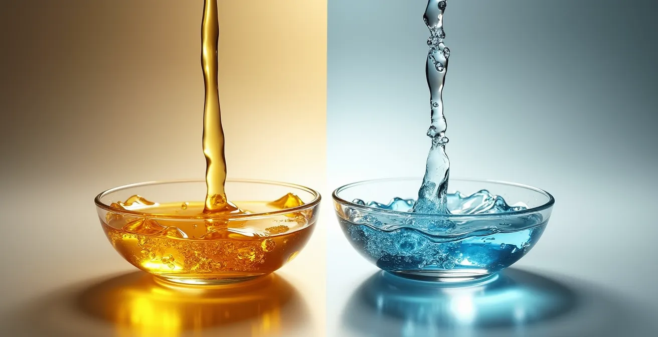 Comparaison visuelle entre la texture d'une huile végétale et celle d'un silicone cosmétique