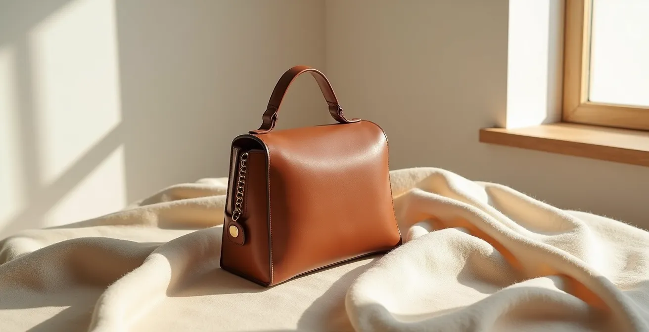 Composition minimaliste montrant le contraste entre cuir noble et matières naturelles
