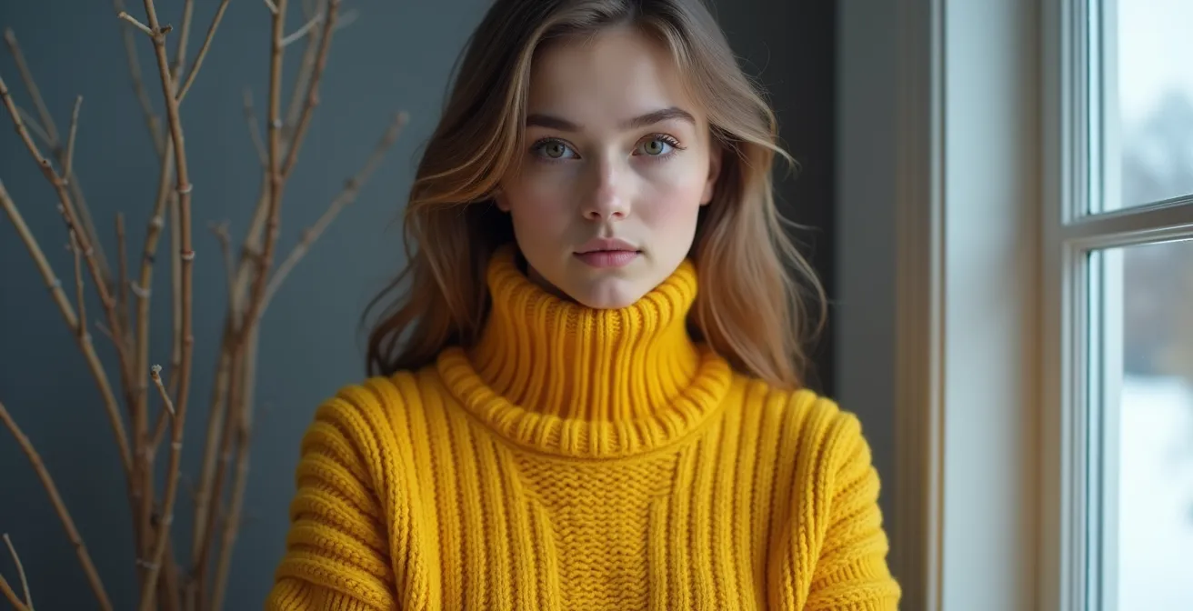 Personne portant un pull jaune lumineux dans un environnement hivernal neutre