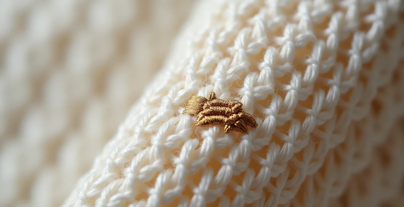 Vue macro d'un logo brodé sur tissu piqué montrant la texture et la qualité du tissage
