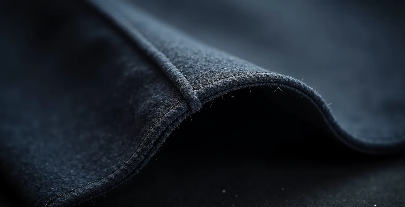 Gros plan sur un ourlet parfaitement réalisé d'un pantalon minimaliste