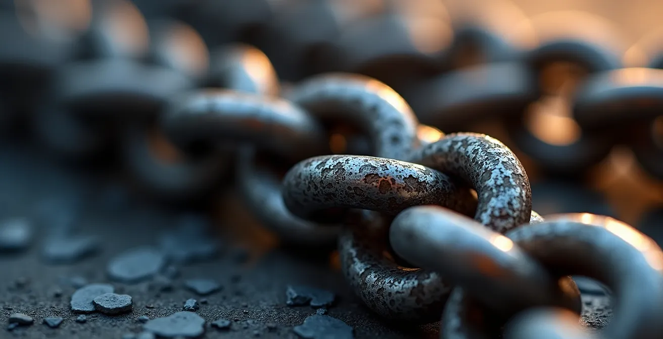 Vue macro des maillons d'une chaîne de collier montrant les détails de texture