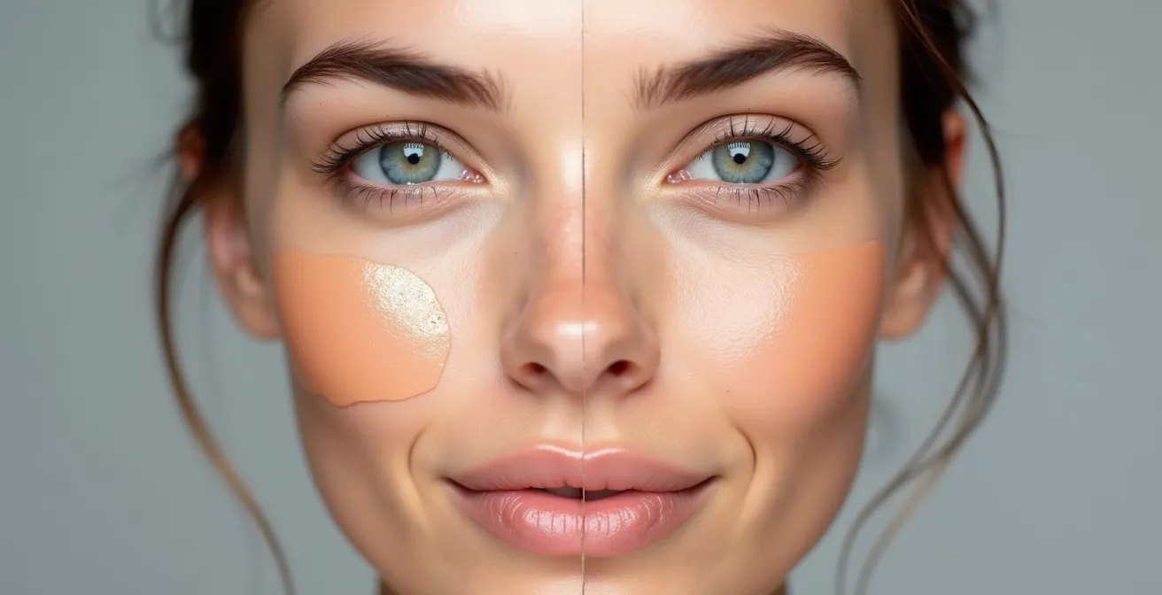 Comparaison visuelle de l'effet d'un correcteur clair versus foncé sur la peau