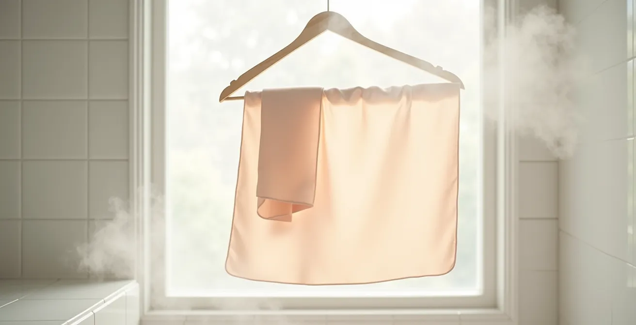 Carré de soie suspendu dans une ambiance vaporeuse de salle de bain