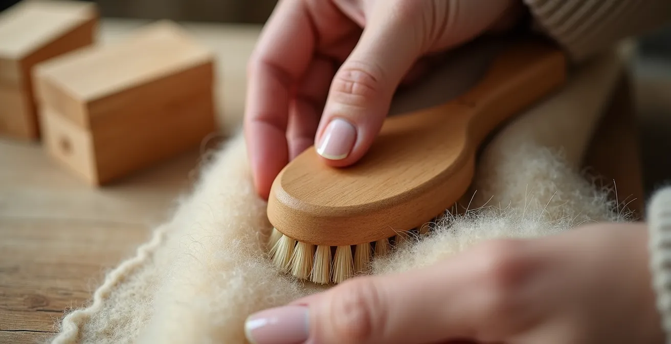 Gros plan macro sur des mains délicates manipulant un tissu de cachemire avec outils d'entretien