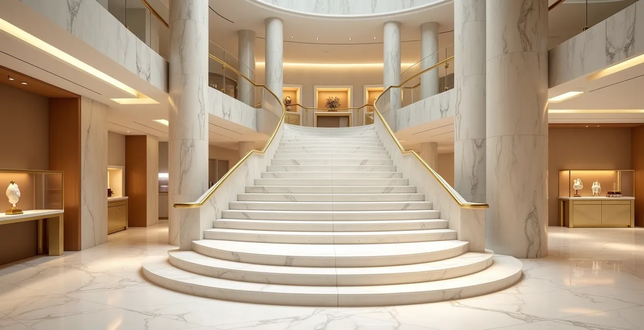 Intérieur architectural d'une boutique de luxe avec escalier monumental en marbre et éclairage dramatique
