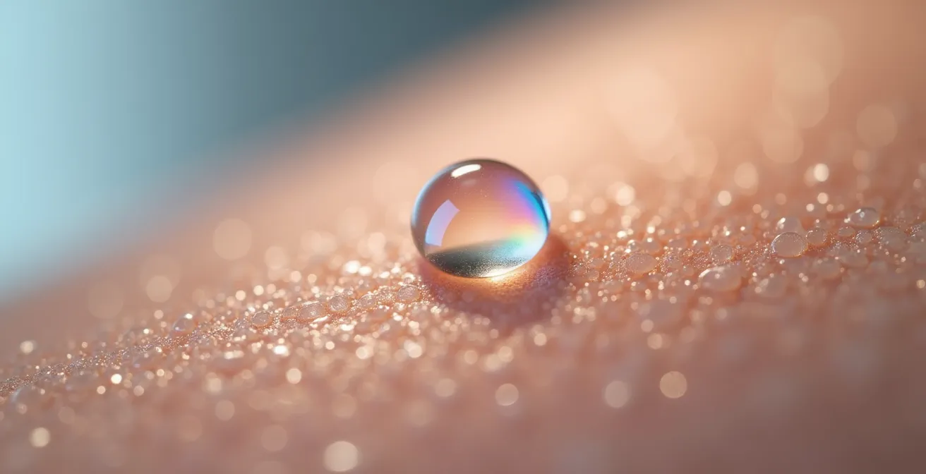 Vue macro d'une goutte de sérum cristalline s'absorbant sur la surface texturée de la peau