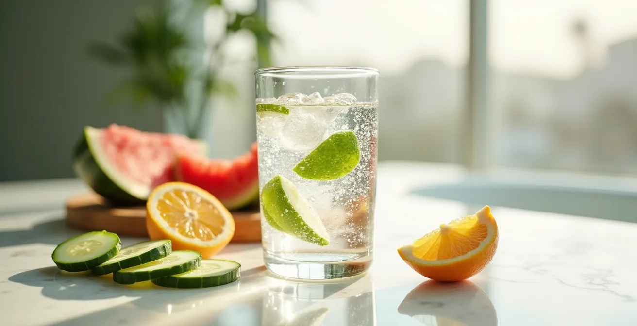 Aliments riches en eau et verre d'eau pour l'hydratation cutanée