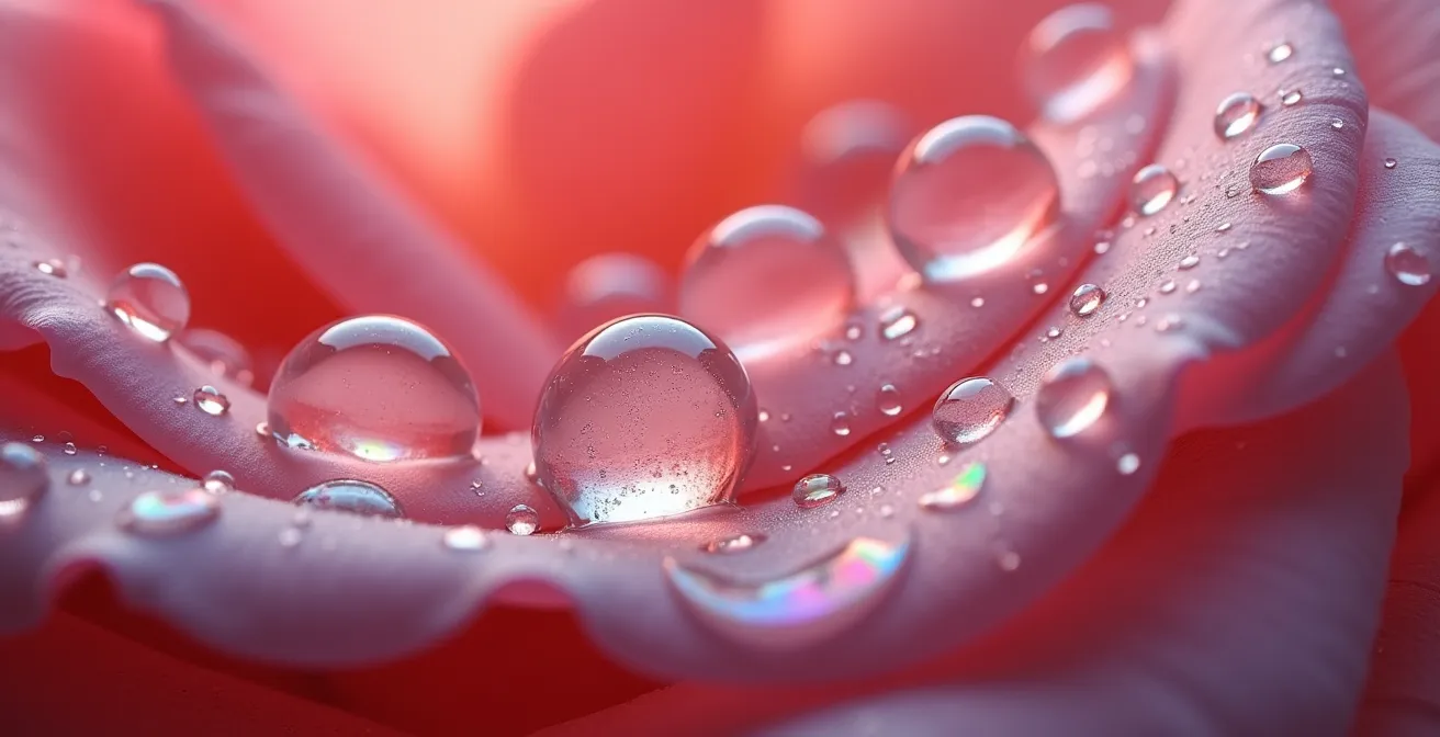 Macro photographie de gouttelettes d'hydrolat sur pétale de rose avec reflets irisés