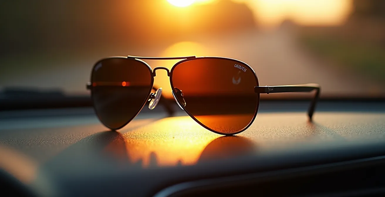 Lunettes aviator posées sur tableau de bord avec vue périphérique dégagée