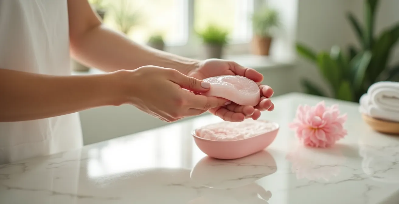 Mains effectuant un massage facial avec un gua sha en quartz rose