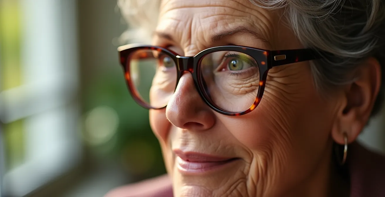 Portrait serré d'une femme de 60 ans portant des lunettes écaille en acétate avec effet de lumière douce