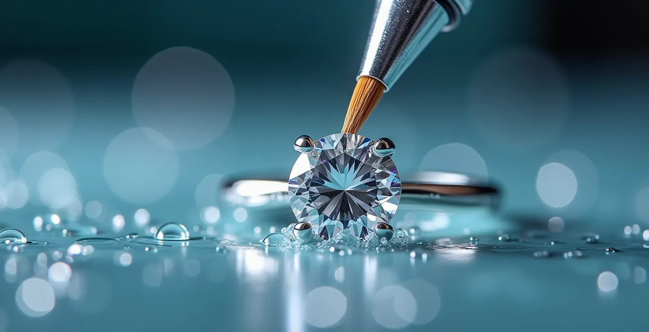 Gros plan macro sur le nettoyage professionnel d'une bague en diamant avec des outils spécialisés