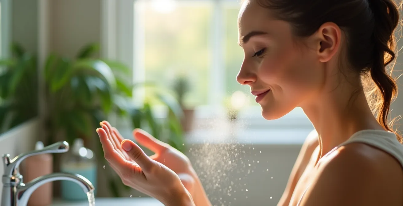 Femme se lavant délicatement le visage à l'eau tiède devant un lavabo