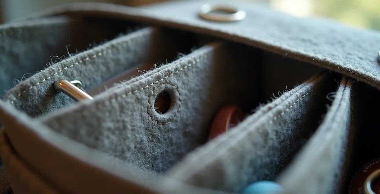 Vue macro d'un organisateur de sac en feutre avec compartiments et mousqueton pour clés