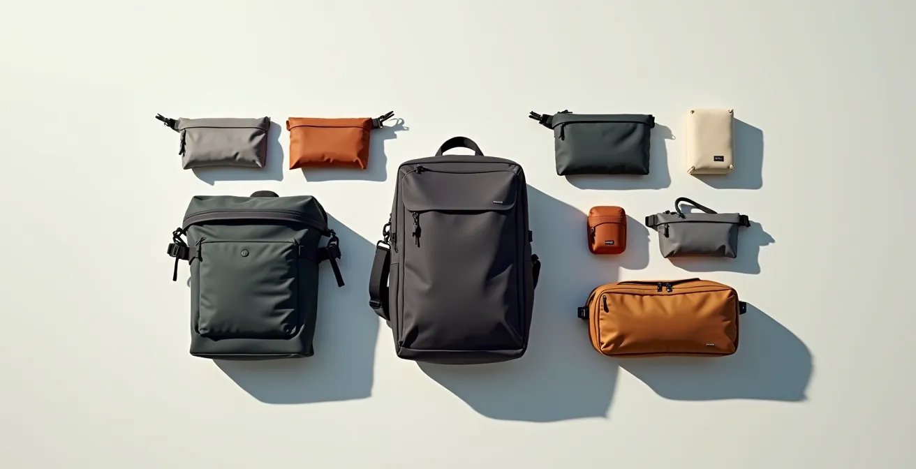 Vue aérienne de trois sacs différents avec pochettes modulaires organisées