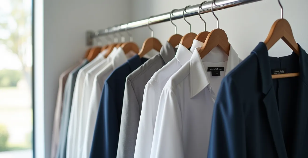 Penderie professionnelle organisée avec vêtements neutres suspendus et système de rangement épuré