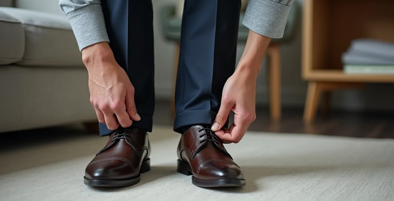 Vue latérale montrant différentes longueurs d'ourlet sur un pantalon élégant