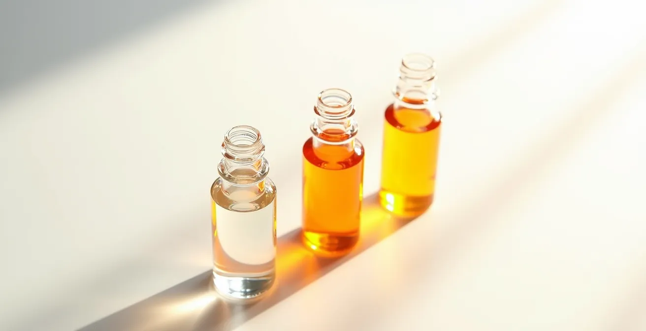 Évolution colorimétrique d'un sérum vitamine C montrant l'oxydation progressive du clair au marron foncé