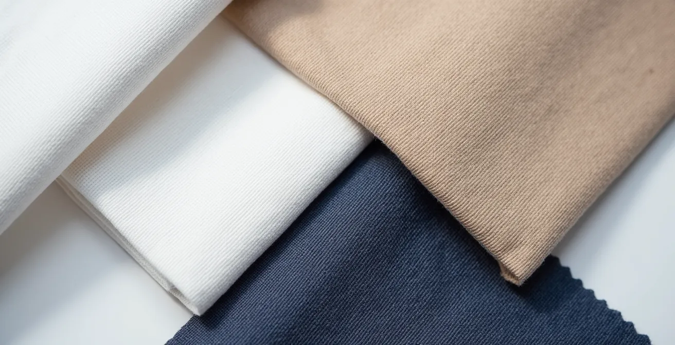 Composition abstraite montrant trois nuances de couleurs harmonieuses dans des textures textiles