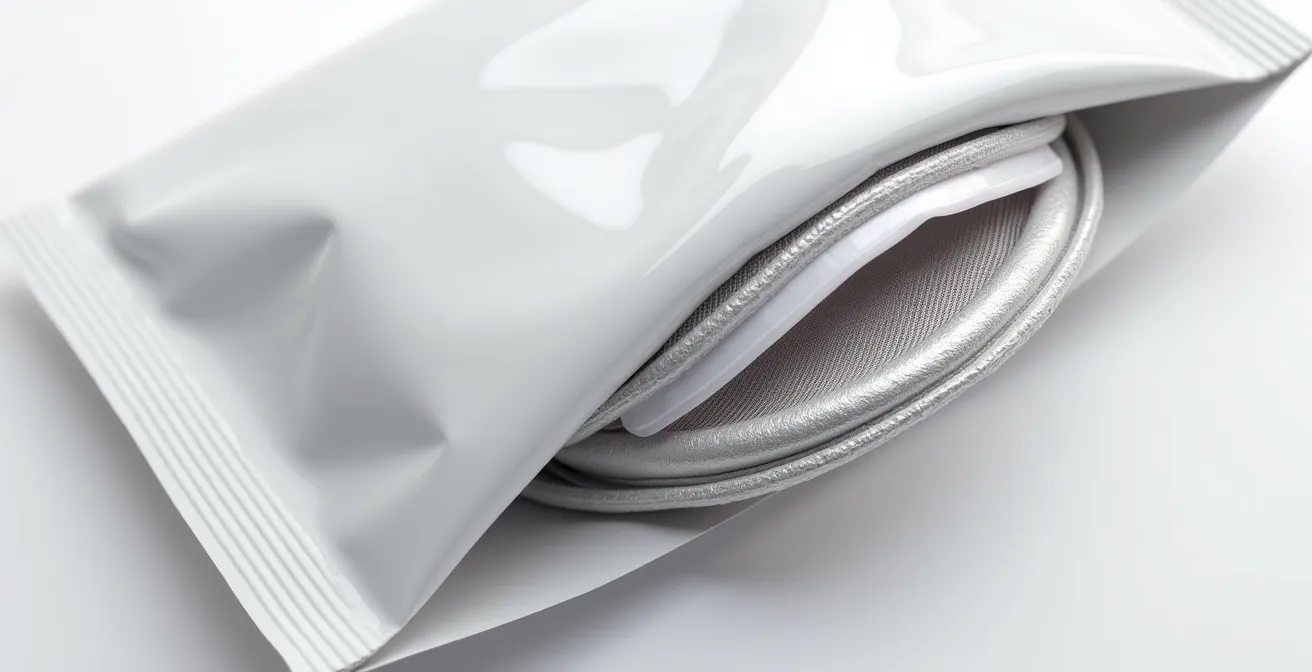 Détail macro d'une recharge cosmétique montrant la complexité des matériaux