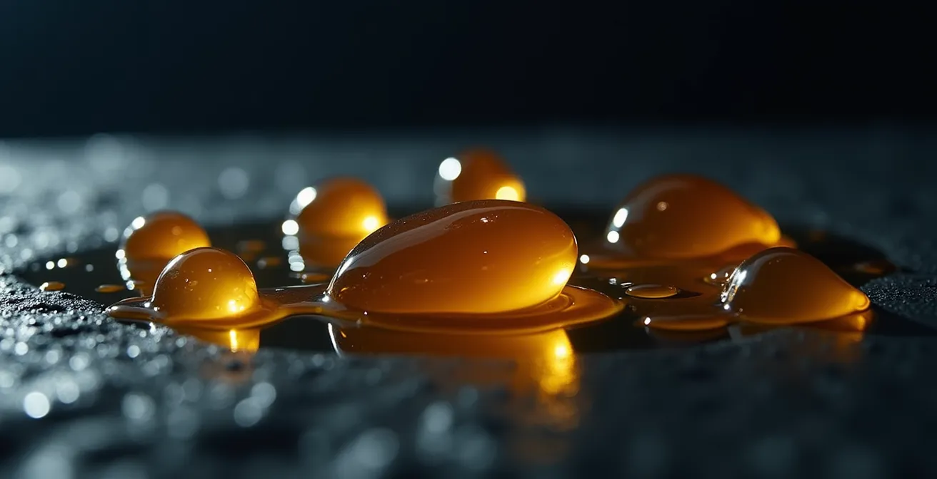 Texture macro d'un sérum doré sur une surface réfléchissante sous éclairage tamisé