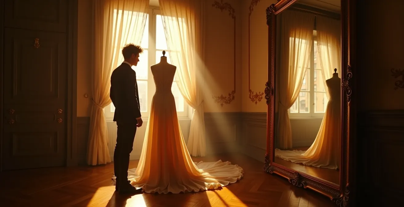 Femme élégante essayant une robe de soirée haute couture dans un salon privé luxueux