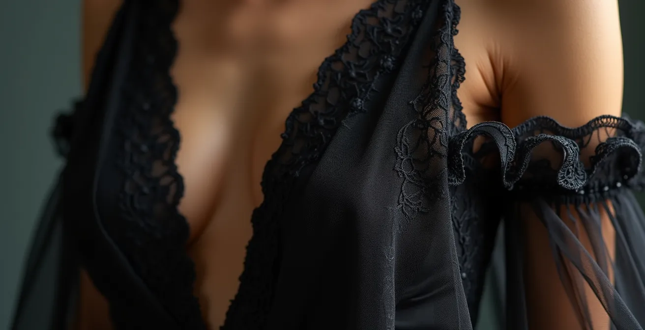 Détail d'une manche en dentelle noire semi-transparente sur une robe élégante