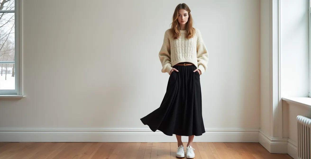 Ensemble mode avec robe noire transformée en jupe sous un pull en maille épaisse