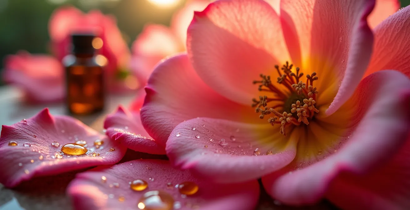 Vue macro de pétales de rose naturelle avec gouttelettes d'huile essentielle