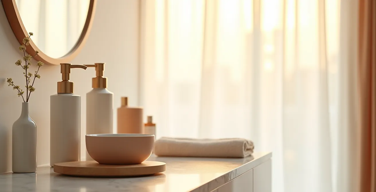 Vue minimaliste d'une salle de bain épurée avec produits de soin alignés