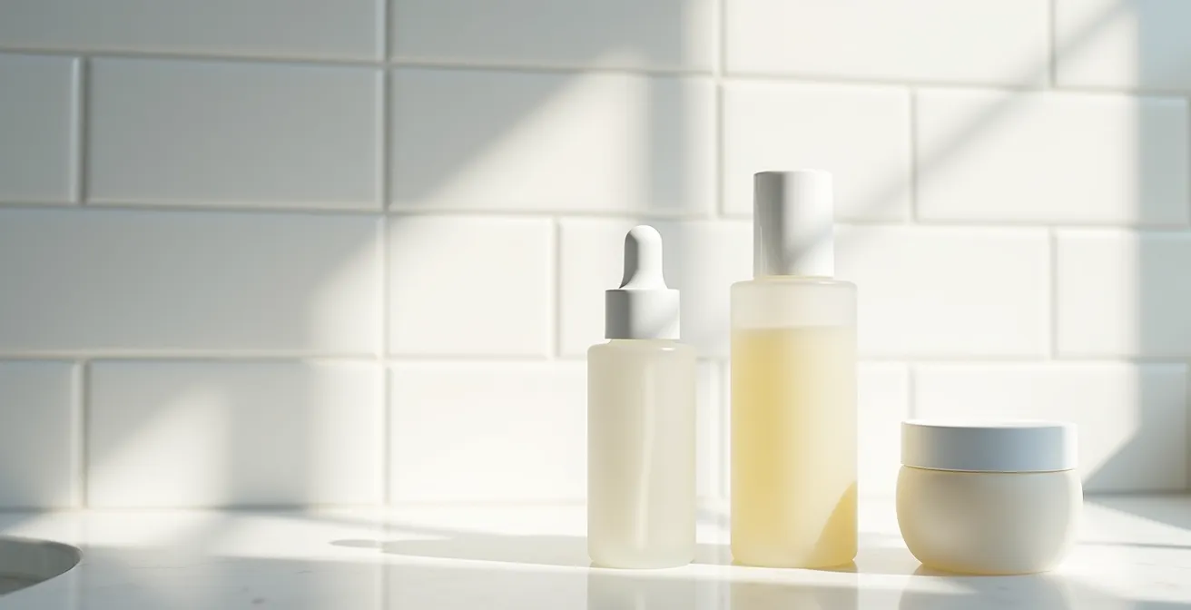 Disposition minimaliste montrant l'ordre d'application des soins : sérum, puis essence, puis pot de crème