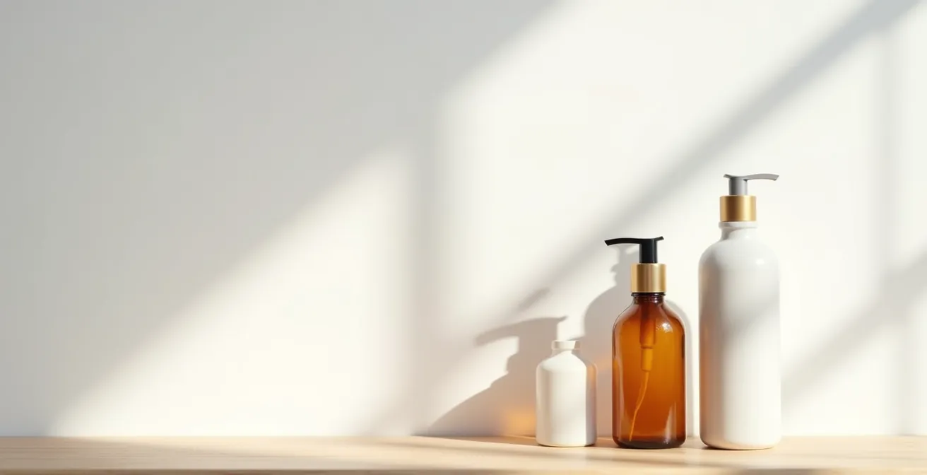 Trois flacons de soins disposés harmonieusement dans un espace épuré baigné de lumière naturelle