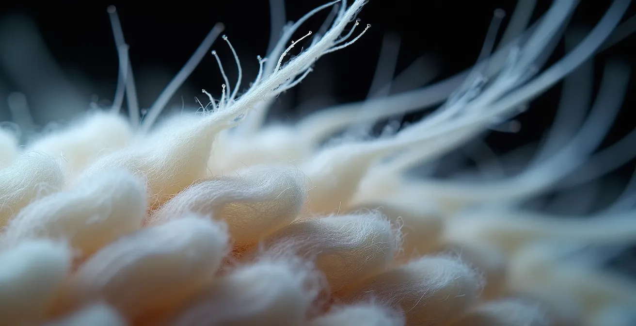 Vue microscopique de la structure en écailles d'une fibre de cachemire montrant pourquoi elle feutre