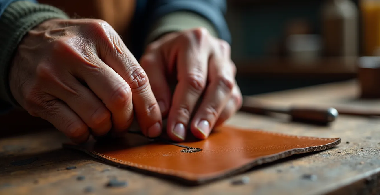 Mains d'artisan effectuant la technique du massage sur cuir gras pour atténuer une éraflure