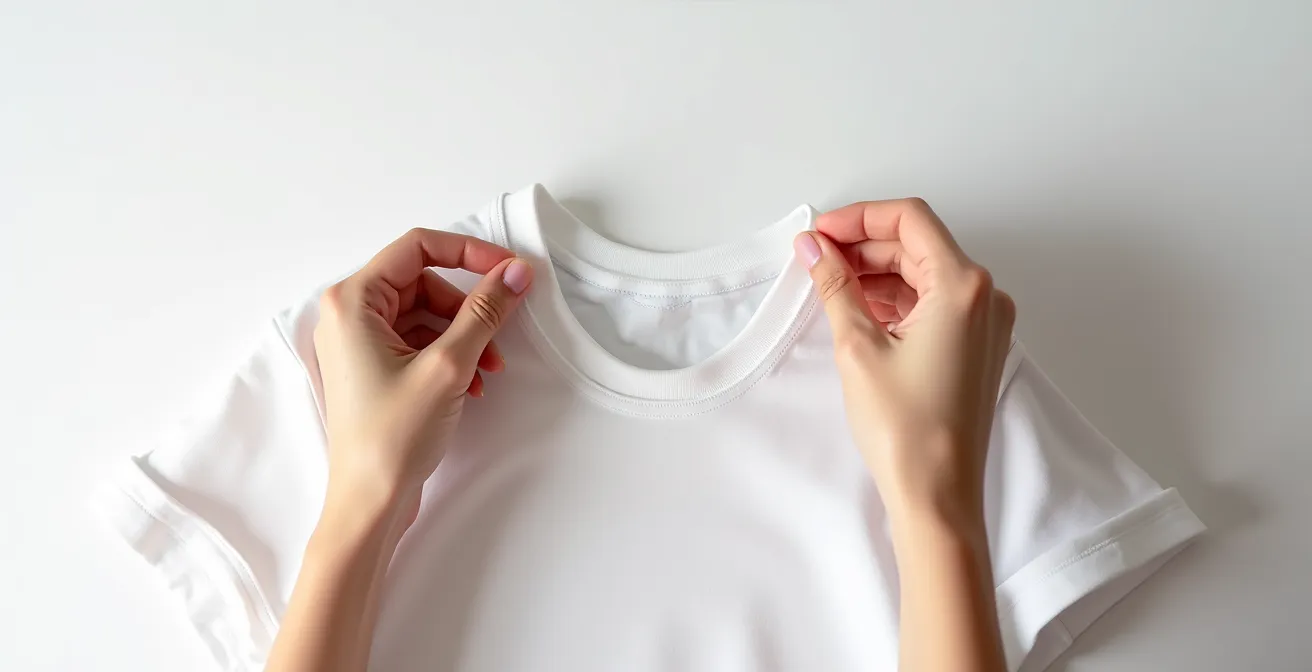 Test d'élasticité sur le col d'un t-shirt démontrant sa qualité de construction