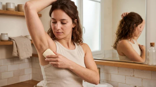 Personne appliquant un déodorant solide sous le bras dans une salle de bain lors de sa routine matinale.