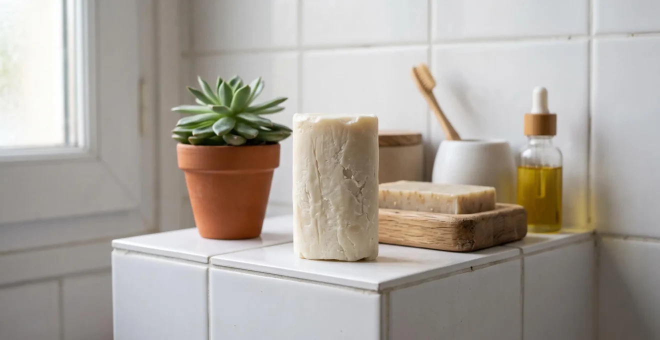Déodorant solide posé sur une étagère de salle de bain blanche avec des produits cosmétiques naturels et une petite plante.