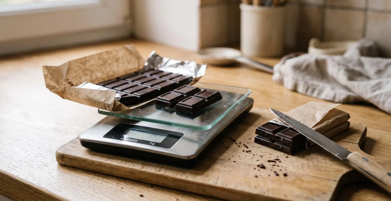 Trois carrés de chocolat noir posés sur une balance de cuisine posée sur un plan de travail en bois.