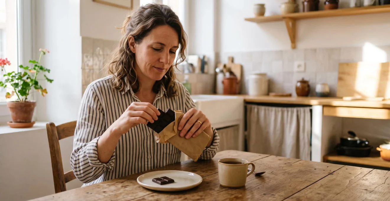 Une femme casse deux carrés d'une tablette de chocolat noir sur une table de cuisine en bois.