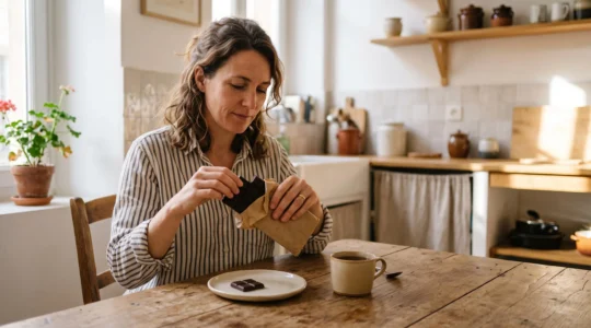 Une femme casse deux carrés d'une tablette de chocolat noir sur une table de cuisine en bois.