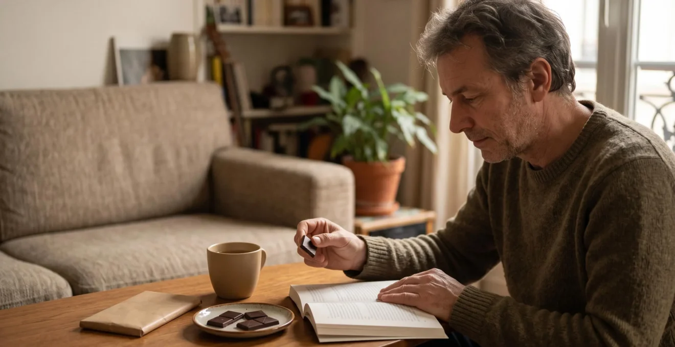 Un homme assis à une table de salon déguste un carré de chocolat noir à côté d'une tasse de tisane et d'un livre.