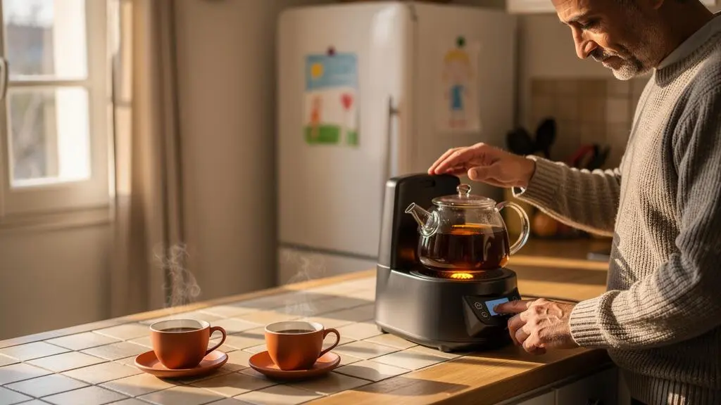Un homme repose une théière sur la base d'une bouilloire programmable dans une cuisine familiale, deux tasses de thé posées sur le plan de travail.